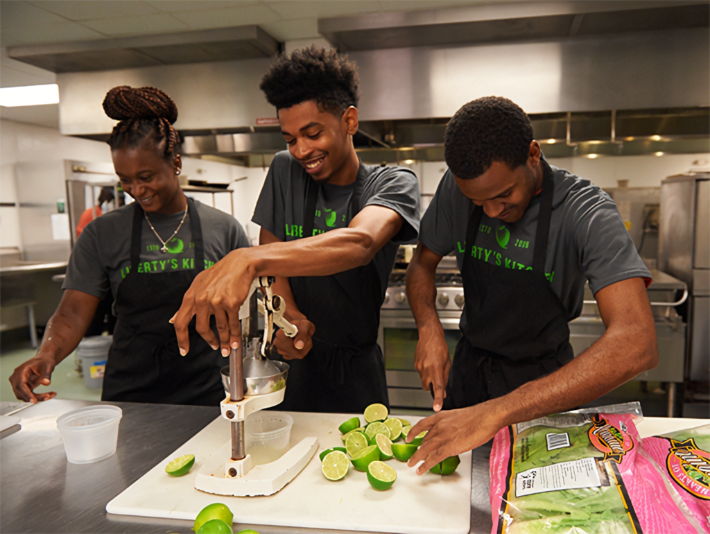 young black chefs from liberty's kitchen cooking together chopping limes